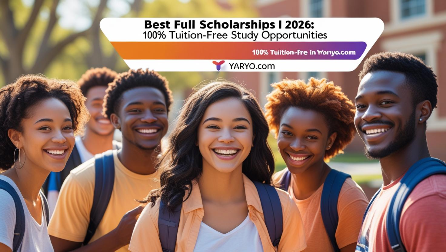 Creat an image of Scholarship students in a campus with this word written Best Full Scholarships in 2026 100% Tuition Free Study Opportunities Yaryo.com (1)